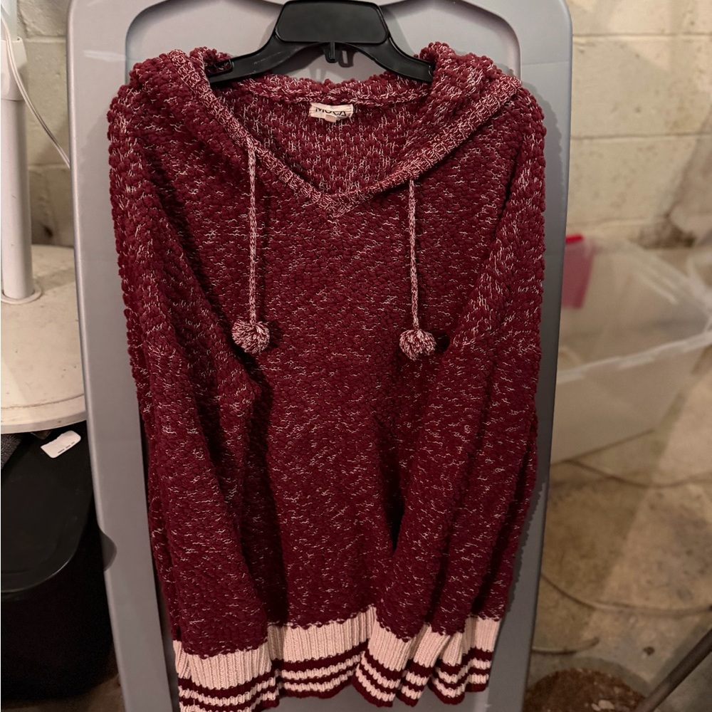 MOCA Maroon & Cream Knit Hoodie with Pom Drawstrings